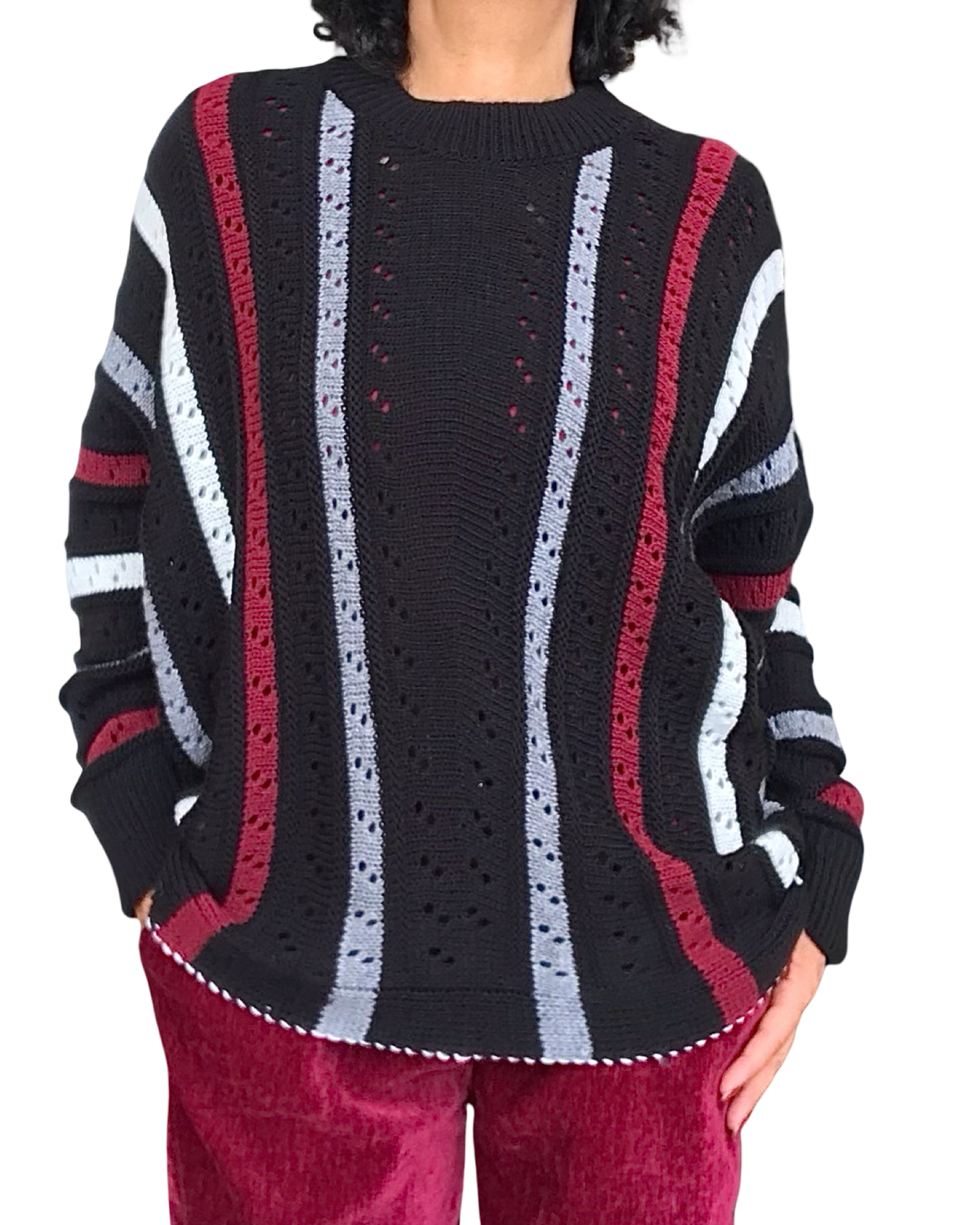 Chandail en tricot noir en pointel rayures verticales, manche longue