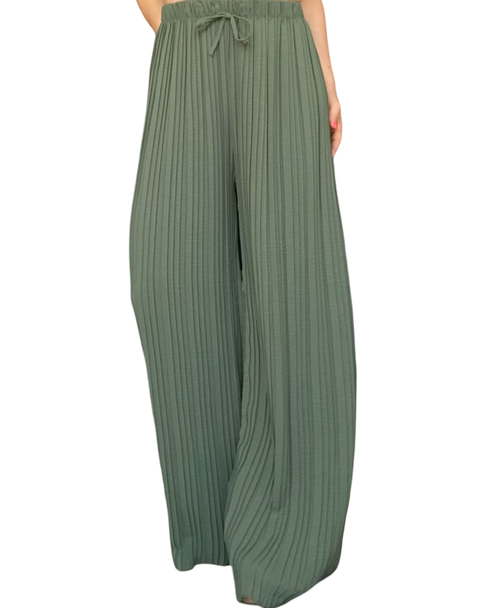 Pantalon kaki palazzo fluide à taille élastique