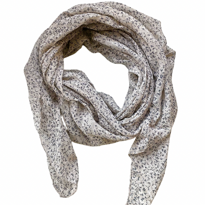 Foulard beige petit fleuri marine et blanche 20% soie et 80% coton