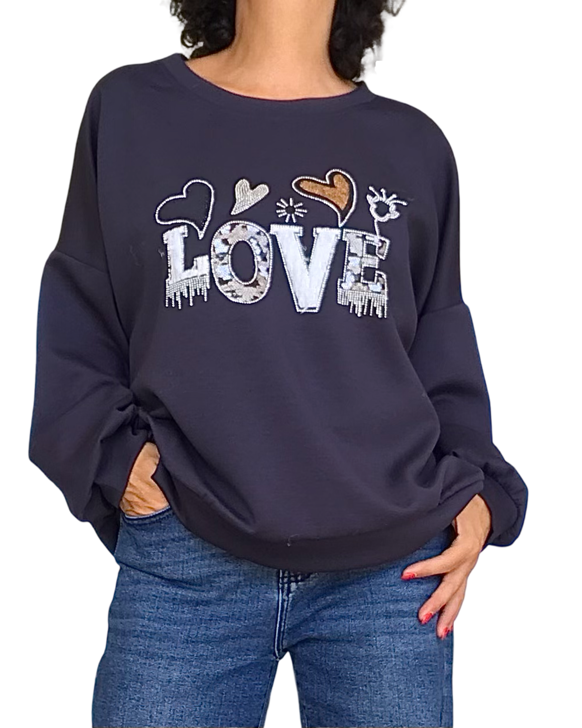 Chandail uni marine col rond en jersey « Love »