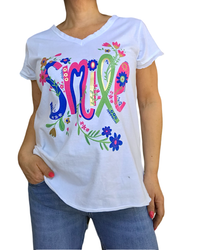 T-shirt blanc col en V «  smile » coloré et doré