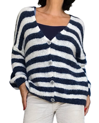 Cardigan rayé blanc et marine en tricot, manche longue