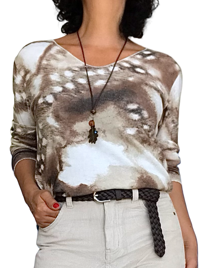 T-shirt manche longue imprimé arty blanc, brun, Camel et beige