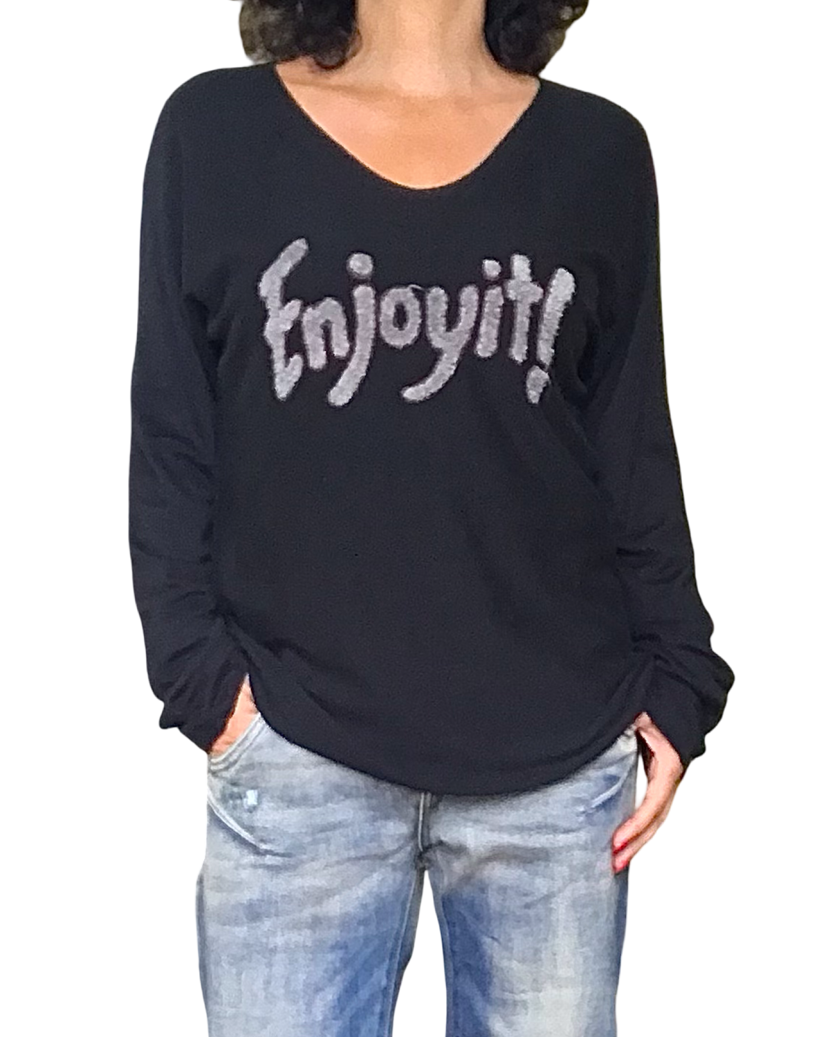 Chandail uni noir « Enjoy it » col  en V manche longue