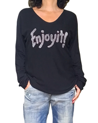 Chandail uni noir « Enjoy it » col  en V manche longue