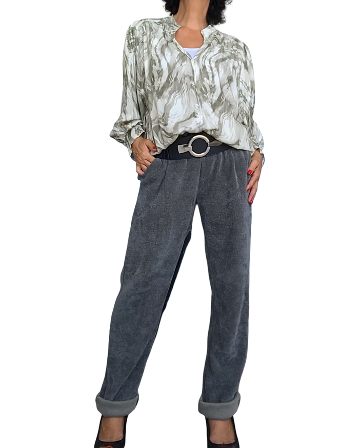 Chemise zébré crème et kaki, col Mao, manches 7/8