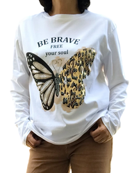 T-shirt col rond blanc manche longue, dessin de papillon doré et blanc