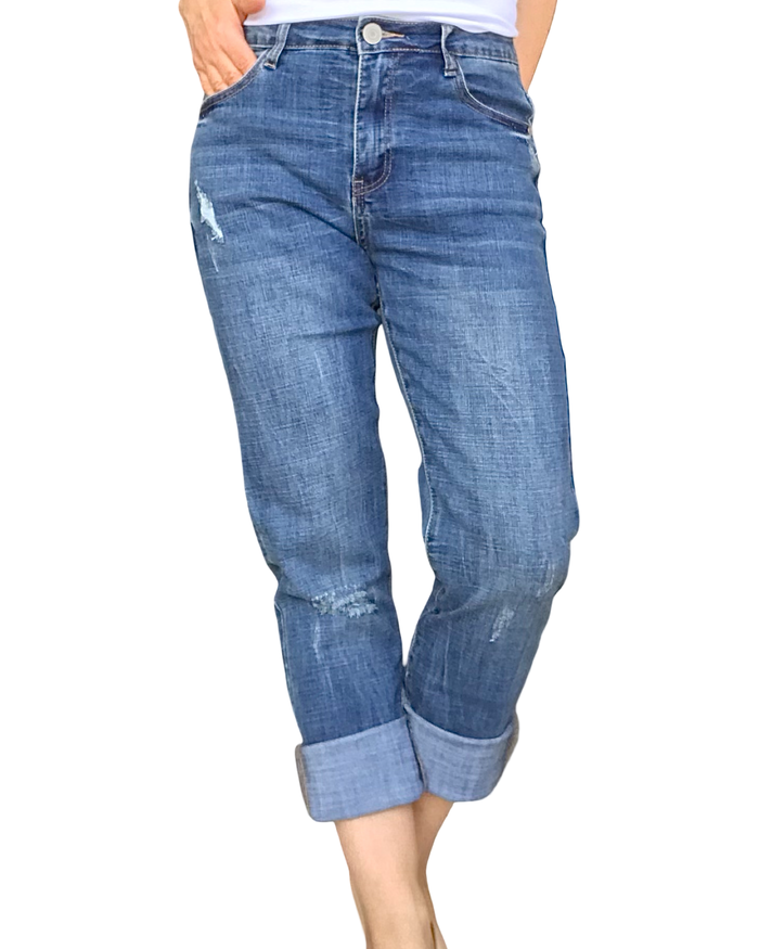 Capri jeans bleu moyen avec revers ajusté