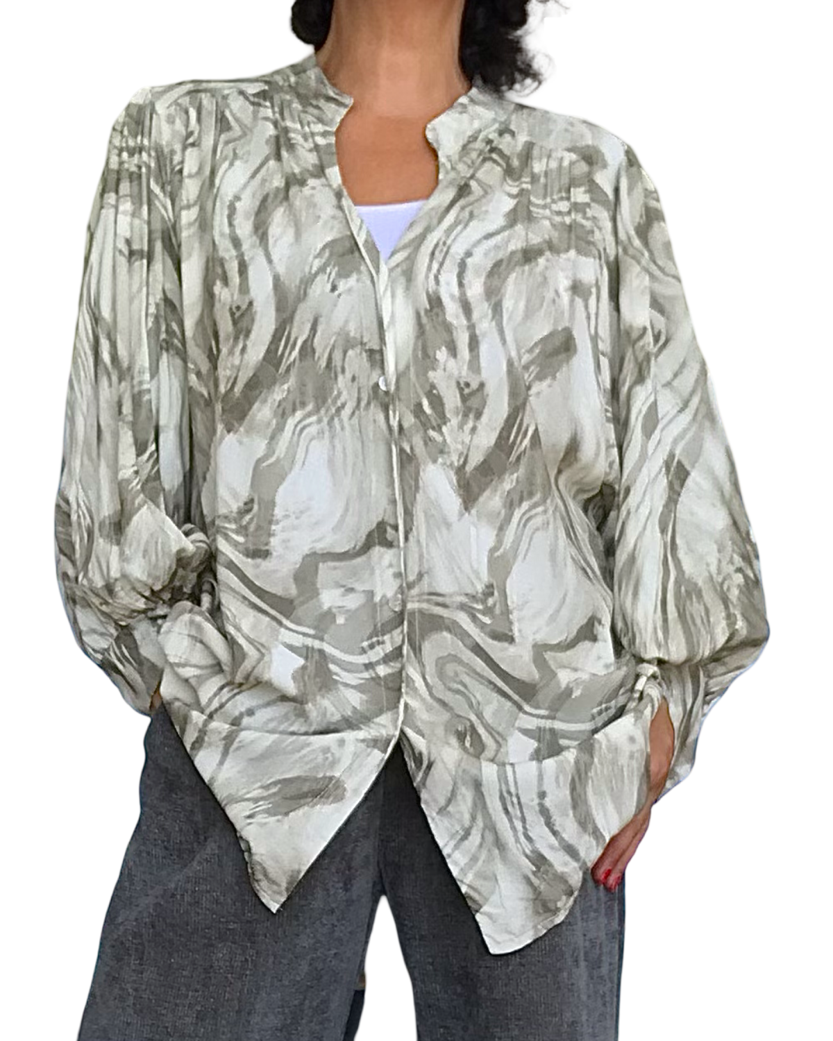 Chemise zébré crème et kaki, col Mao, manches 7/8