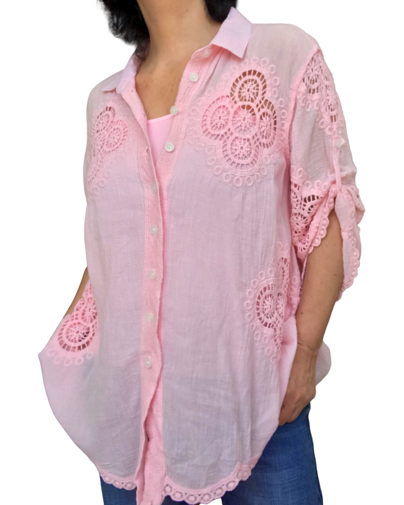 Chemise rose saumon 3/4 avec dentelle chic