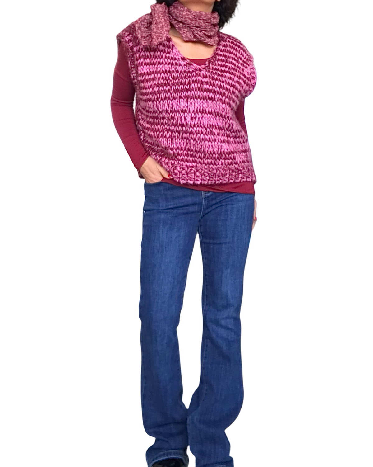 Débardeur en tricot col en V chiné bourgogne et rose