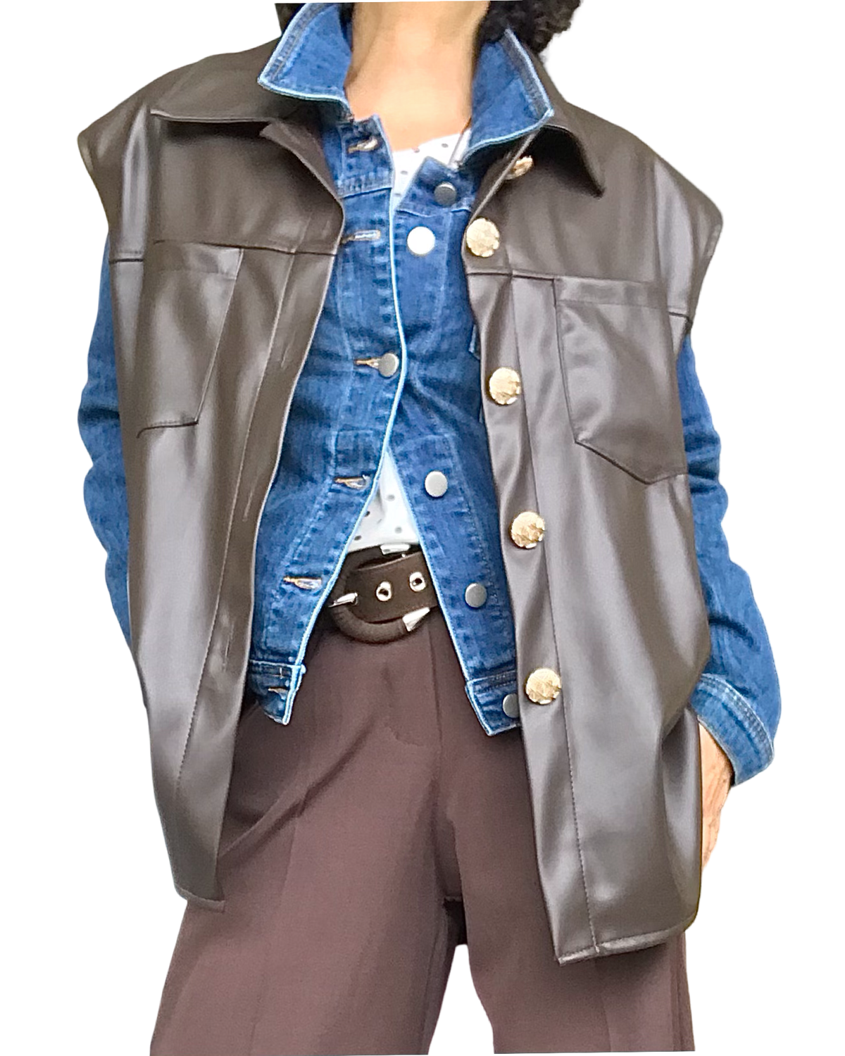 Veste brune sans manche en similicuir