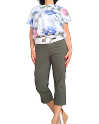 T-shirt col rond cordon au bas imprimé fleuri bleu, rose et kaki