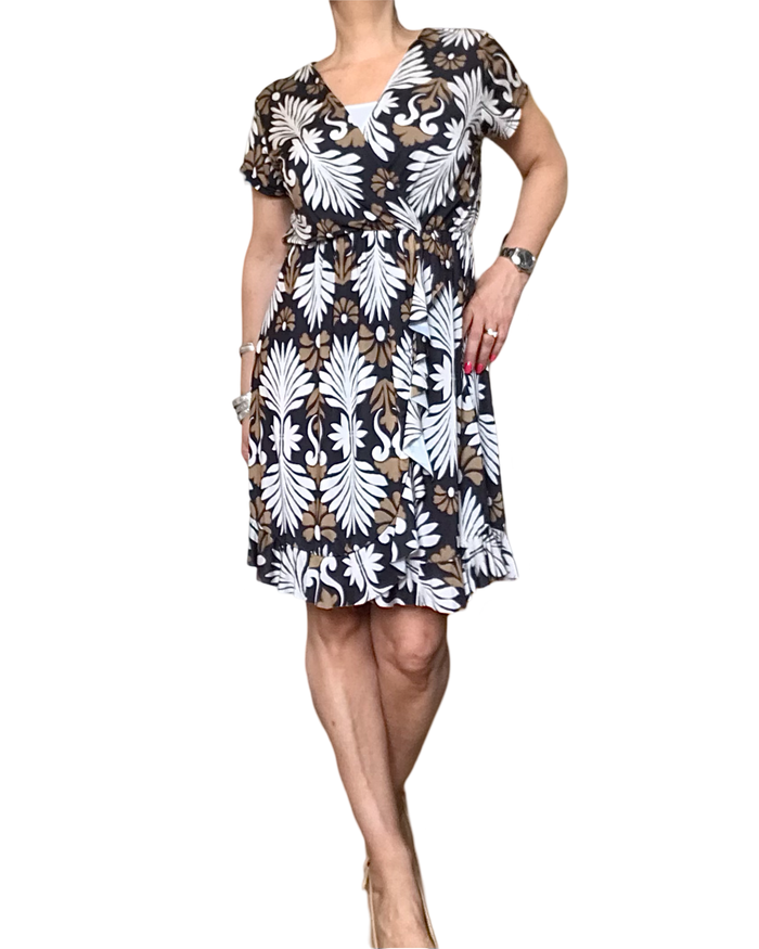Robe courte cache-coeur, manches courtes avec élastique à la taille, motif florale, en forme de feuilles noires, Gold et crème