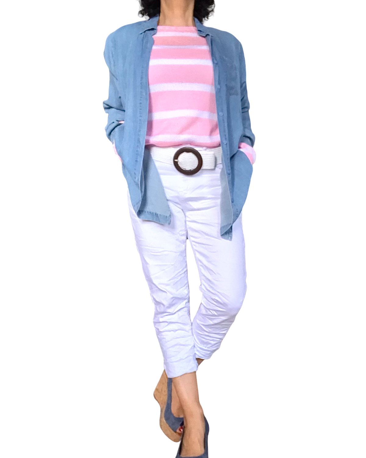 Chandail en tricot manches longues col rond à rayures blanche et rose pâle