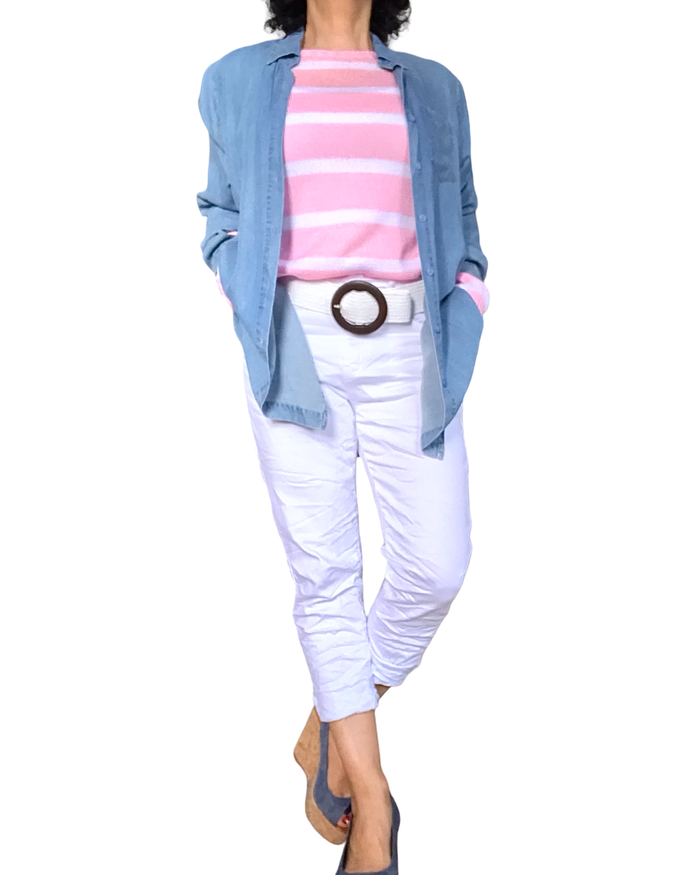 Chandail en tricot manches longues col rond à rayures blanche et rose pâle