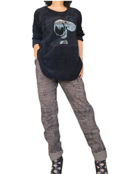 Pantalon brun à taille élastique avec cordon, imprimé d’un léger motif noir et petits carreaux dorés( Livraison 2 octobre)