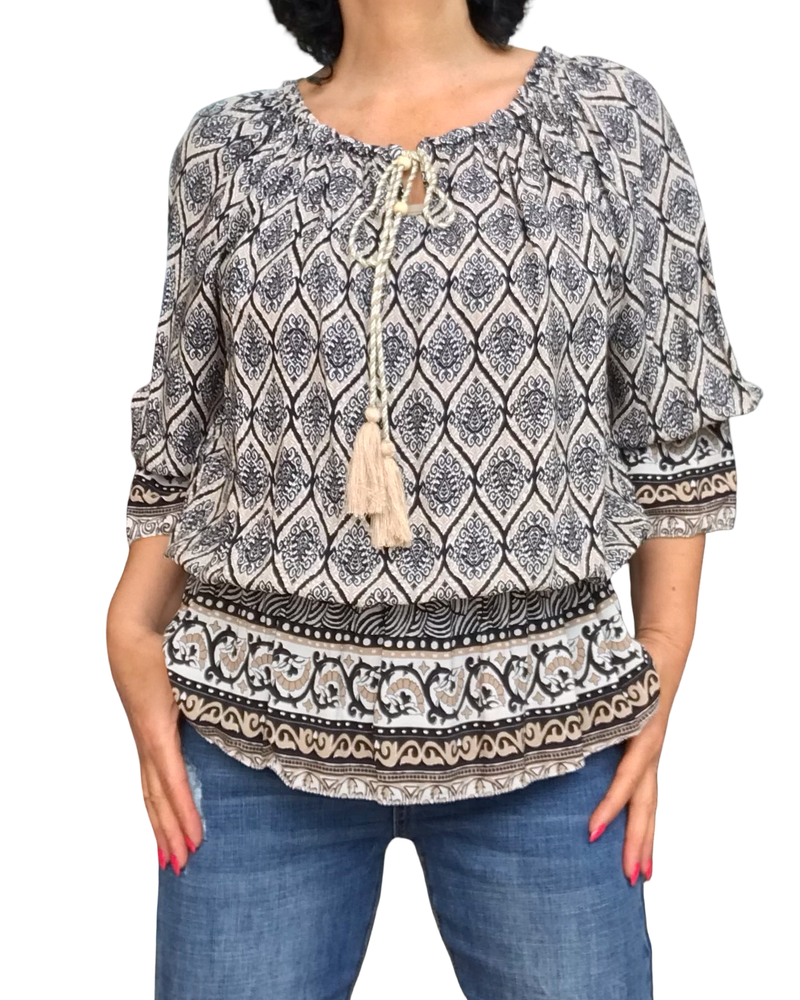 Blouse romantique imprimé aztèque Noir et beige