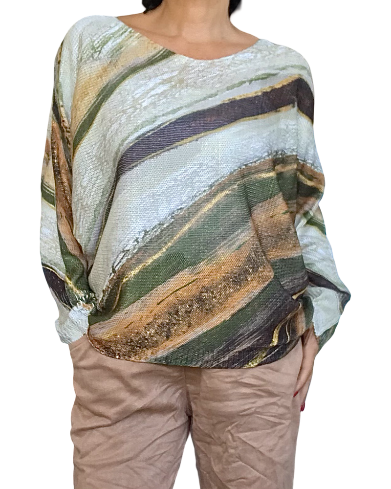 Chandail tricot crème, kaki camel et noir col en V manche chauve-souris