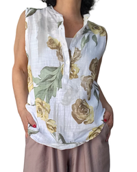 Blouse blanche sans manche grosses fleurs jaune, noisette et kaki