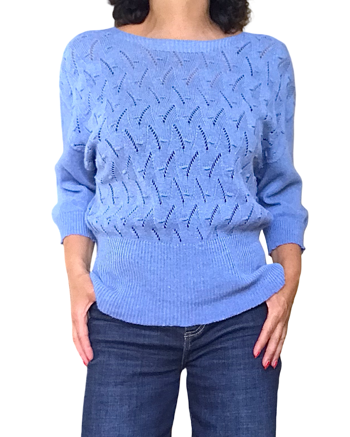 Chandail de tricot bleu jeans pointelle, manche 3/4