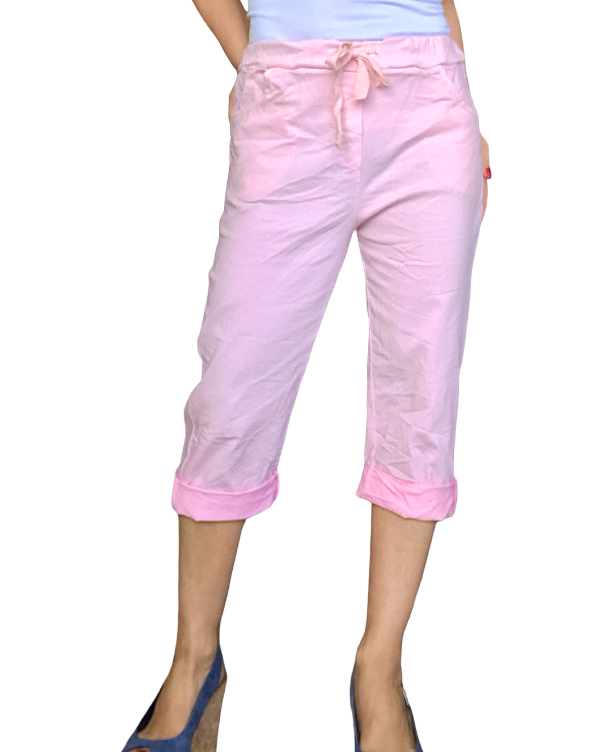 Capri rose pâle à taille élastique avec cordon