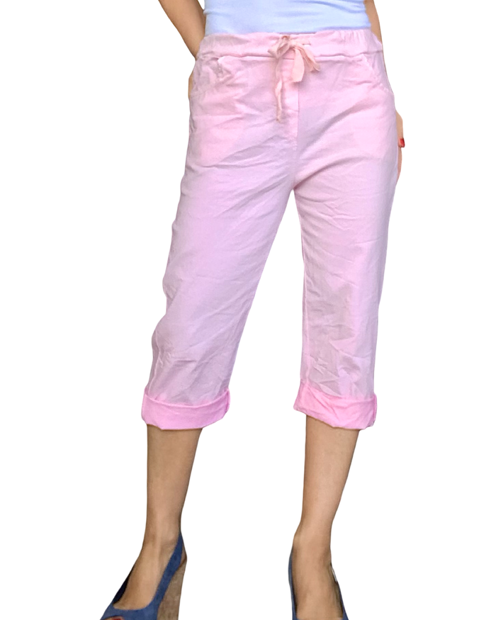 Capri rose pâle à taille élastique avec cordon
