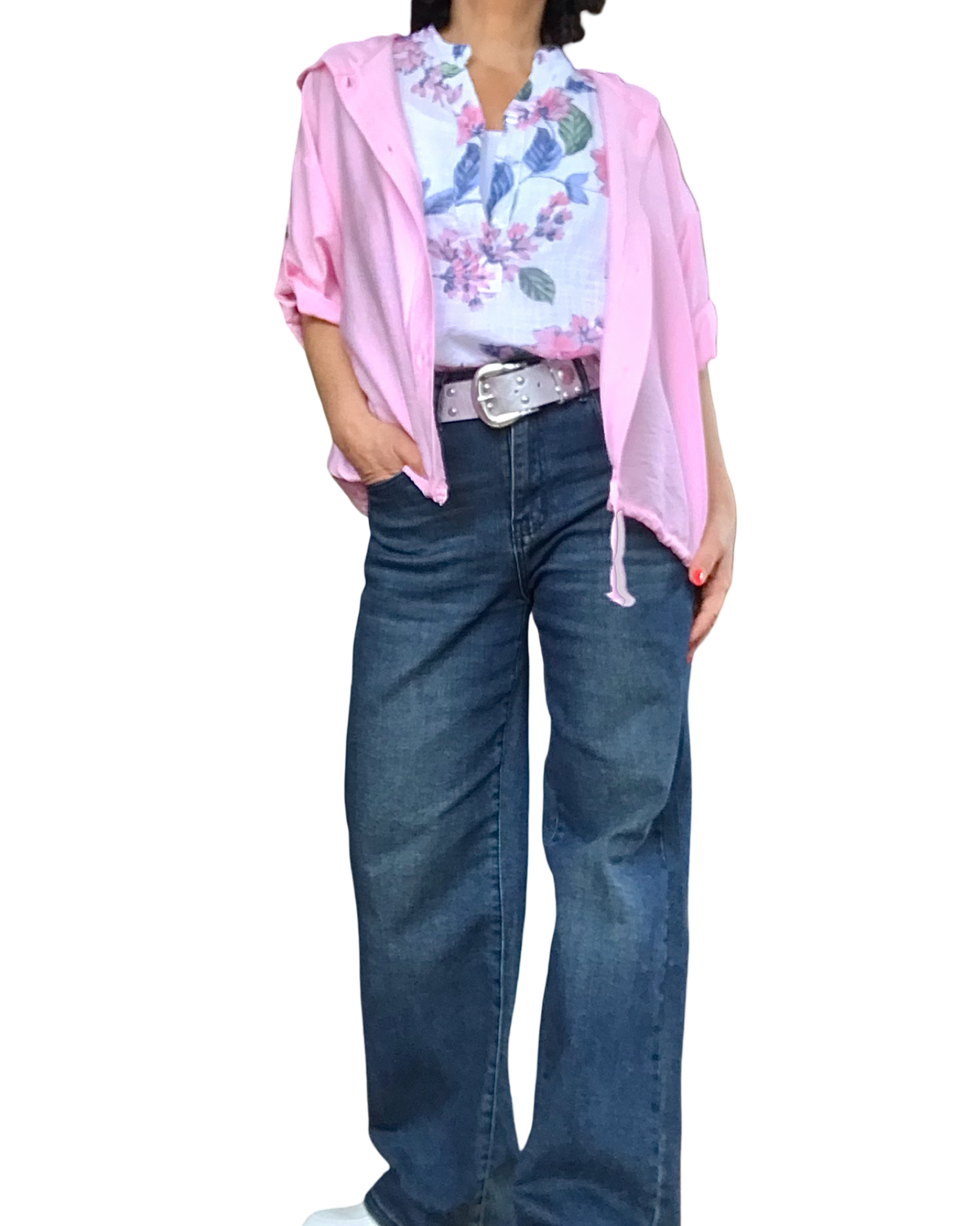 Chemise rose bébé manche courte avec capuchon et cordon au bas