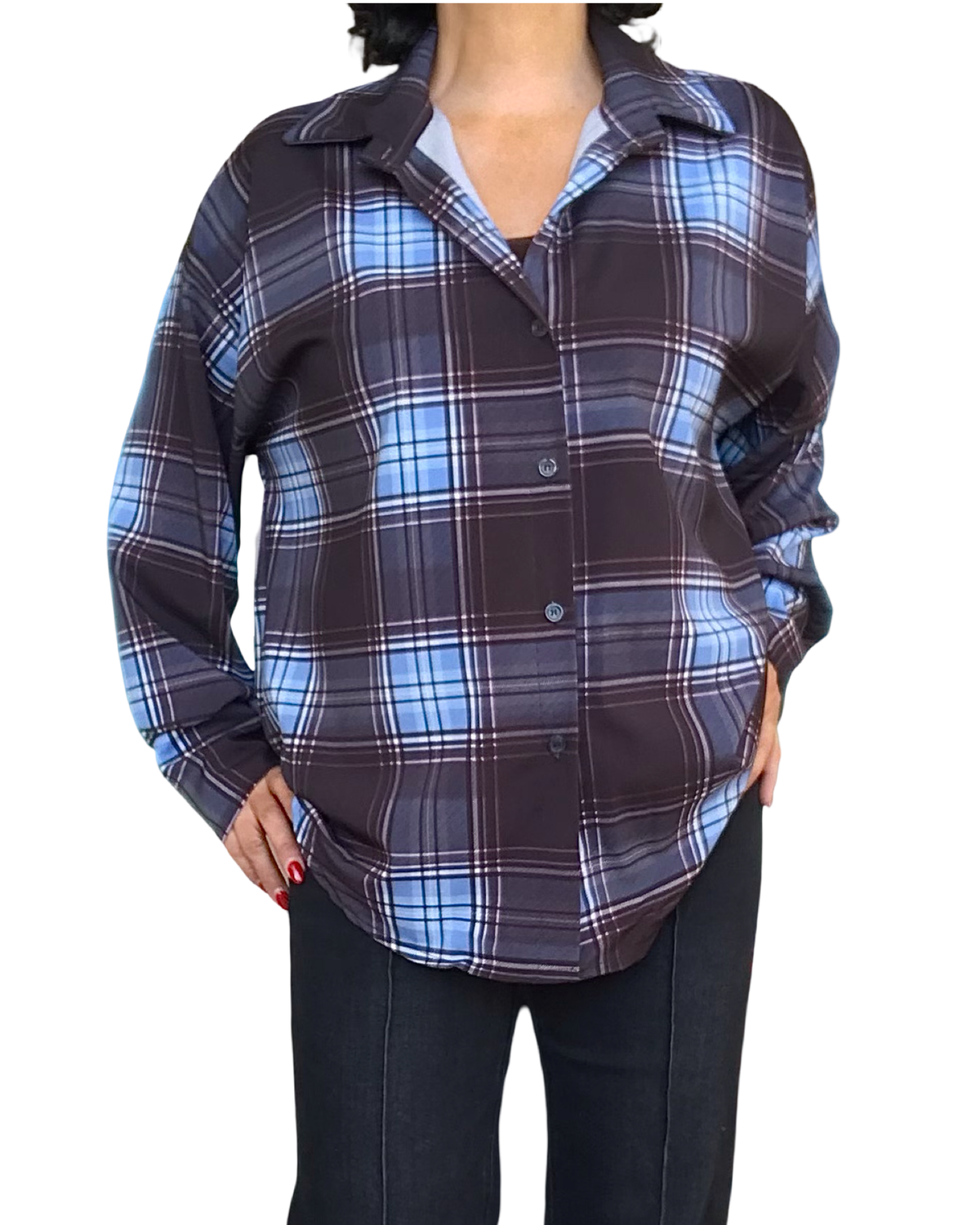 Chemise en satin à carreaux noir, gris et bleu ciel à manche longue