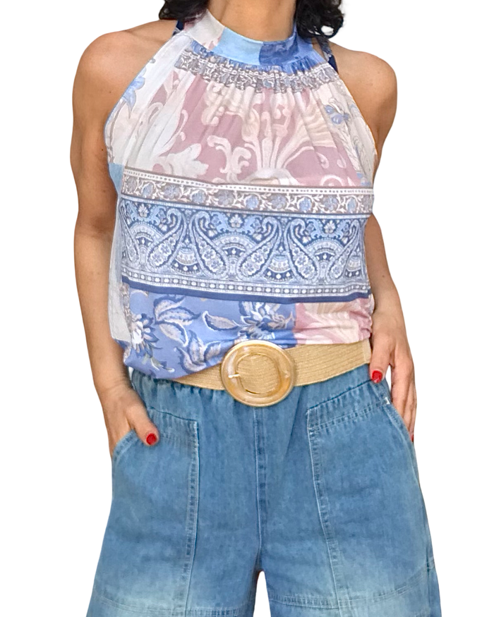 Camisole noué au cou fleuri bleu, beige et rose pâle