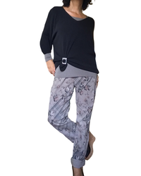 Pantalon à taille élastique moka imprimé floral brun avec cordon