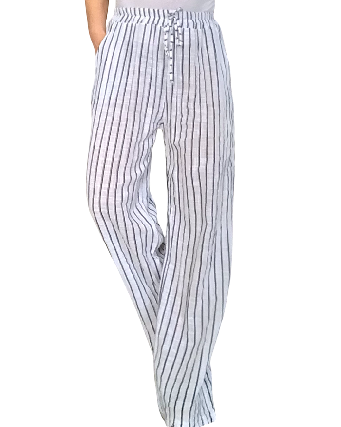 Pantalon palazzo blanc à rayures marine, taille élastique (livraison 17 mars)
