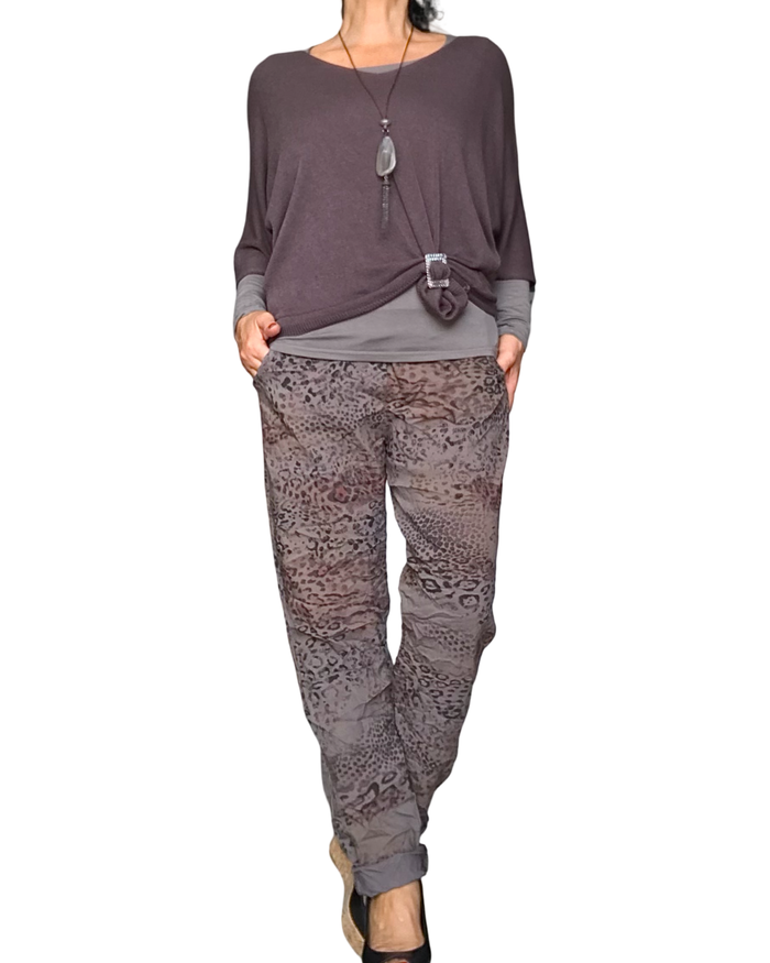 Pantalon moka motifs léopard à taille élastique avec cordon