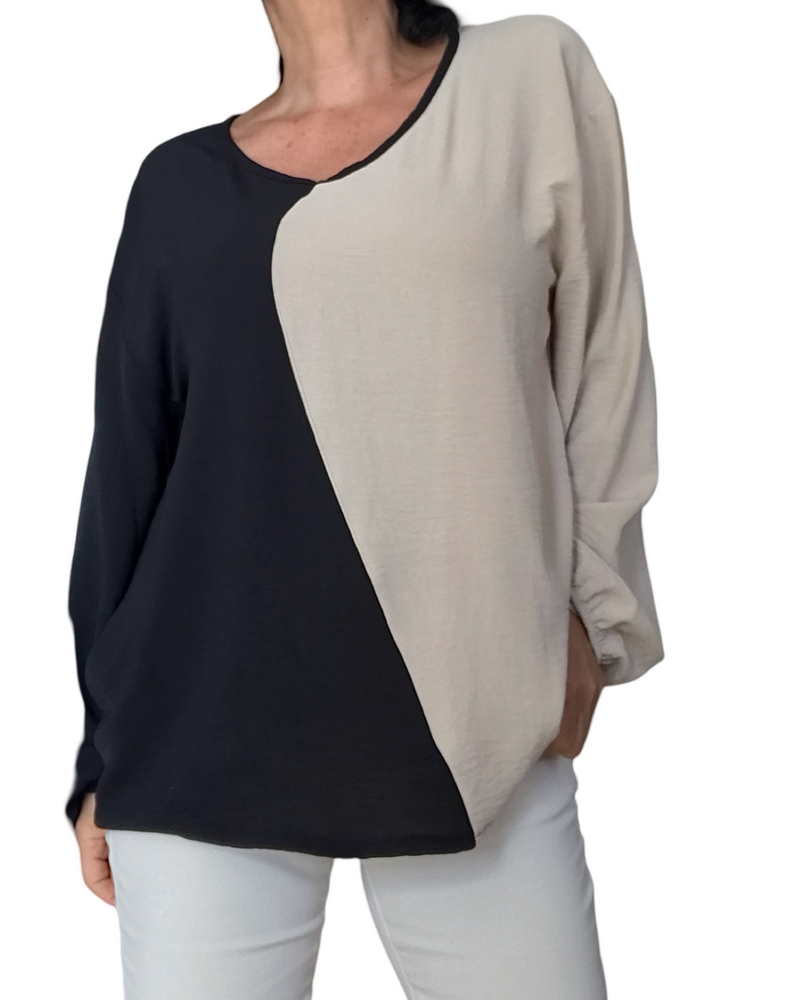 Blouse manches longues légère col en V color bloc noir et beige