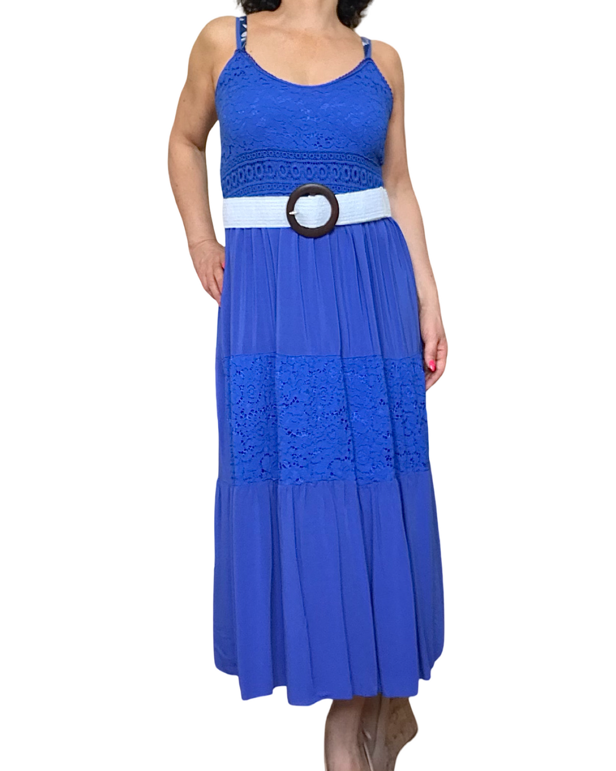 Robe longue bleu royal dentelle et bretelles fines
