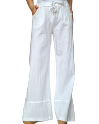 Pantalon jambe droite blanc cassé taille élastique avec cordon