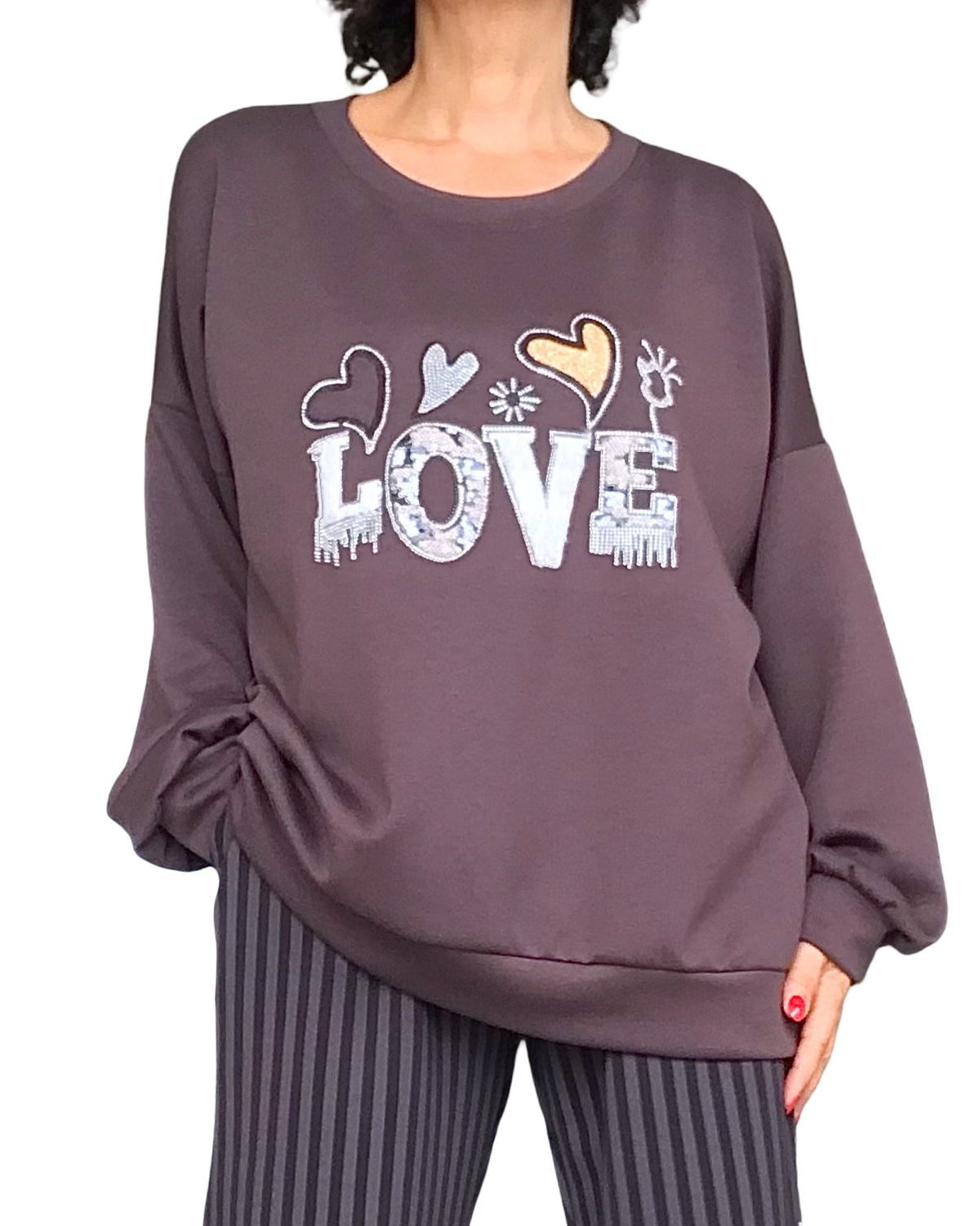 Chandail uni brun col rond en jersey « Love »