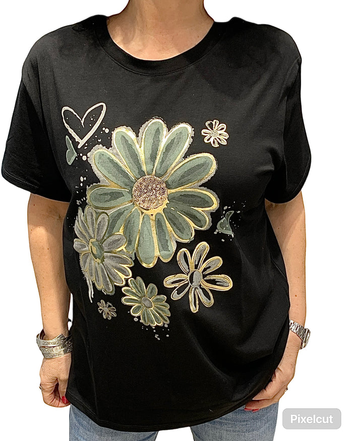 T-shirt noir col rond avec imprimé de fleurs Kaki