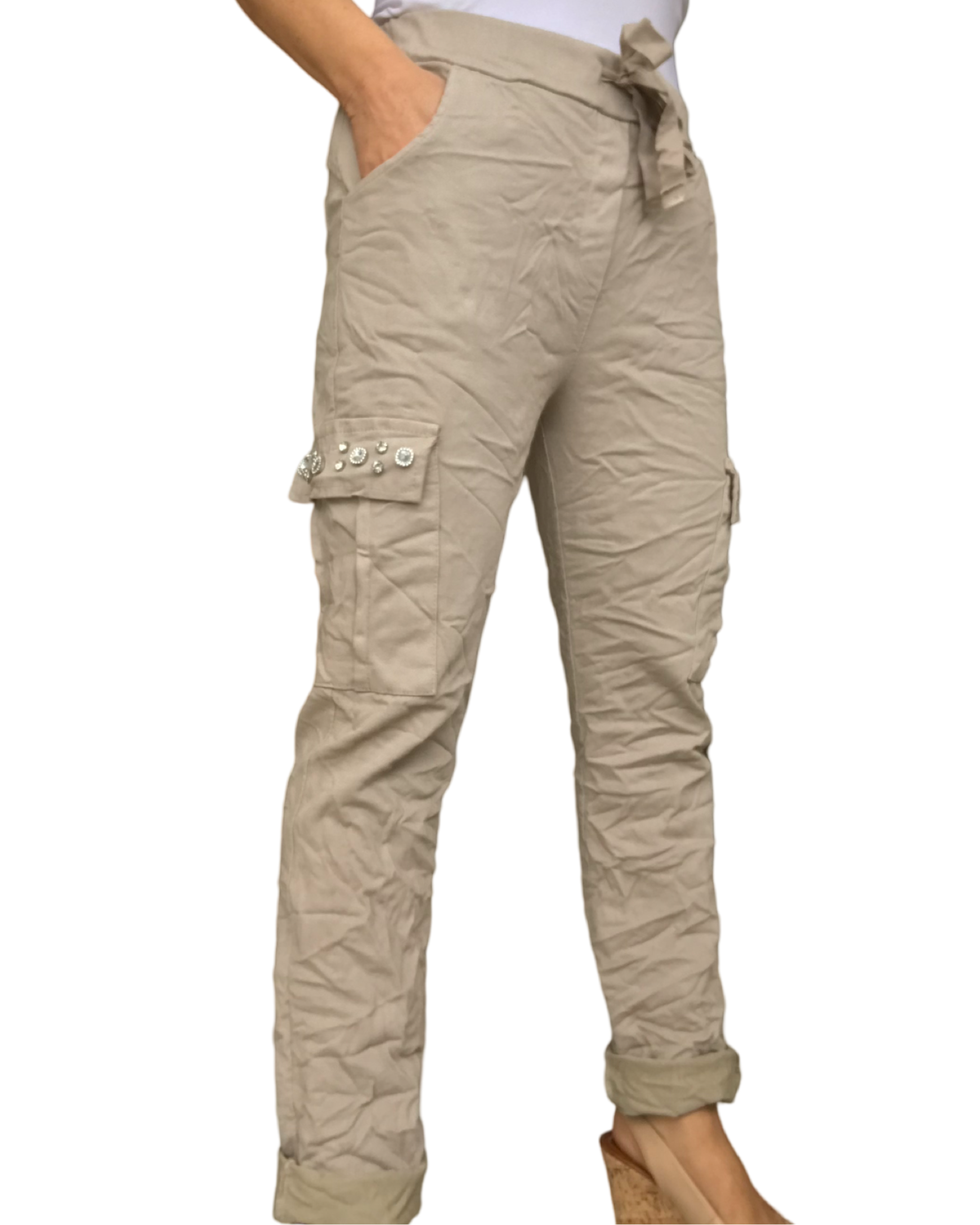 Pantalon cargo beige à taille élastique avec cordon