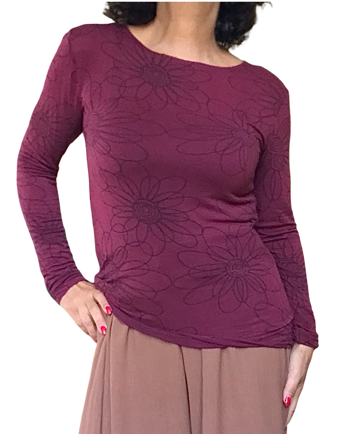 T-shirt rouge vin marguerites manche longue col rond