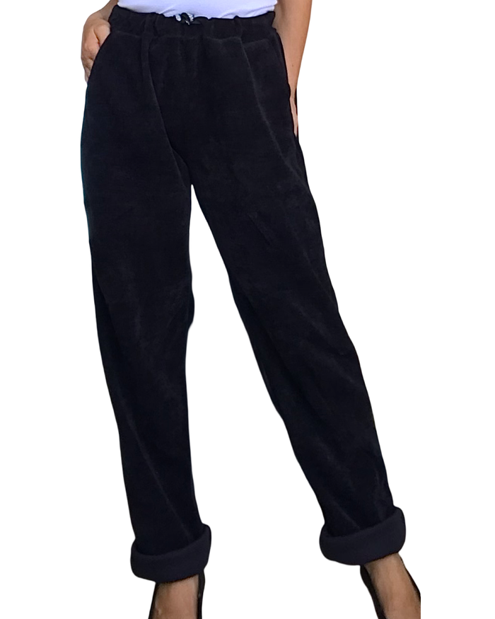Pantalon noir en corderoy à taille élastique avec cordon