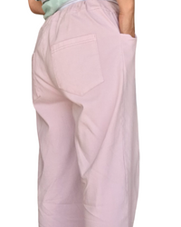Pantalon jambe droite rose pâle taille élastique avec cordon
