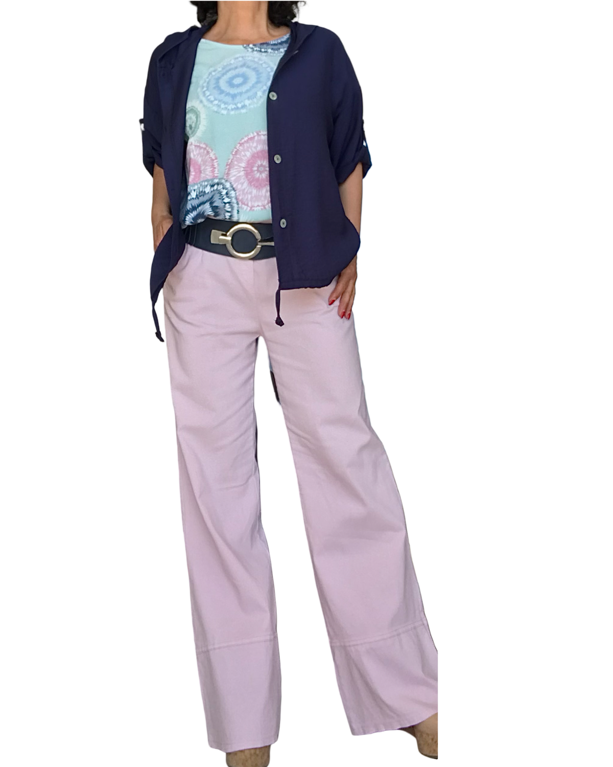Blouse aqua à manches courtes avec grosses pastilles marine, rose, bleu ciel
