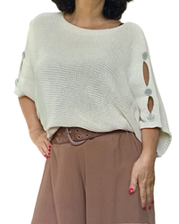 Chandail uni beige en tricot avec ouvertures sur les épaules
