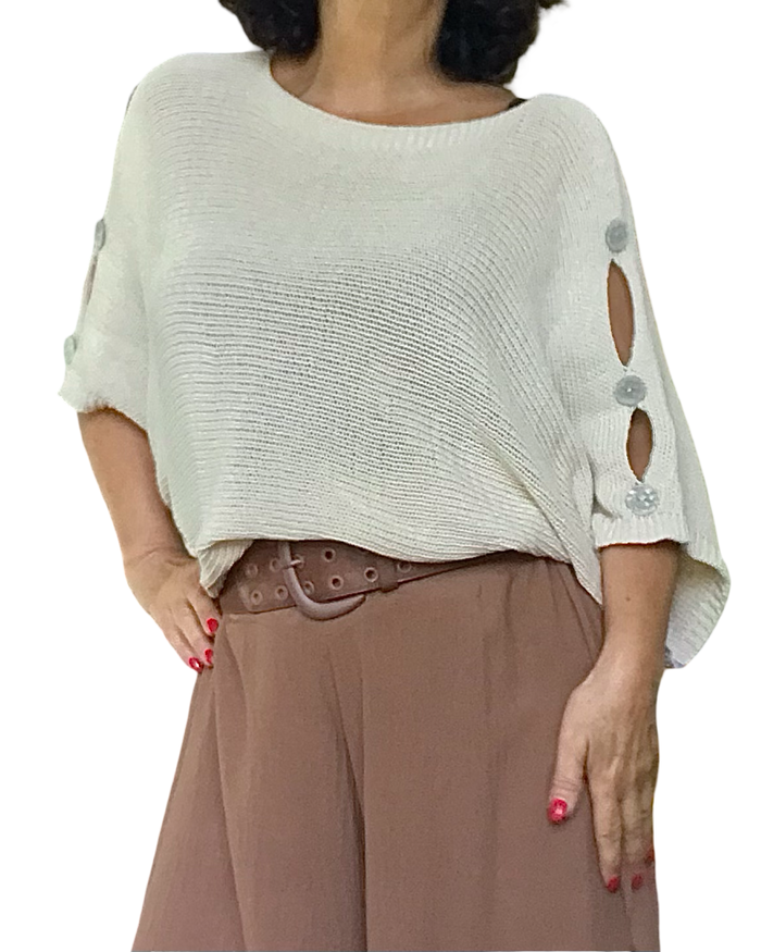 Chandail uni beige en tricot avec ouvertures sur les épaules