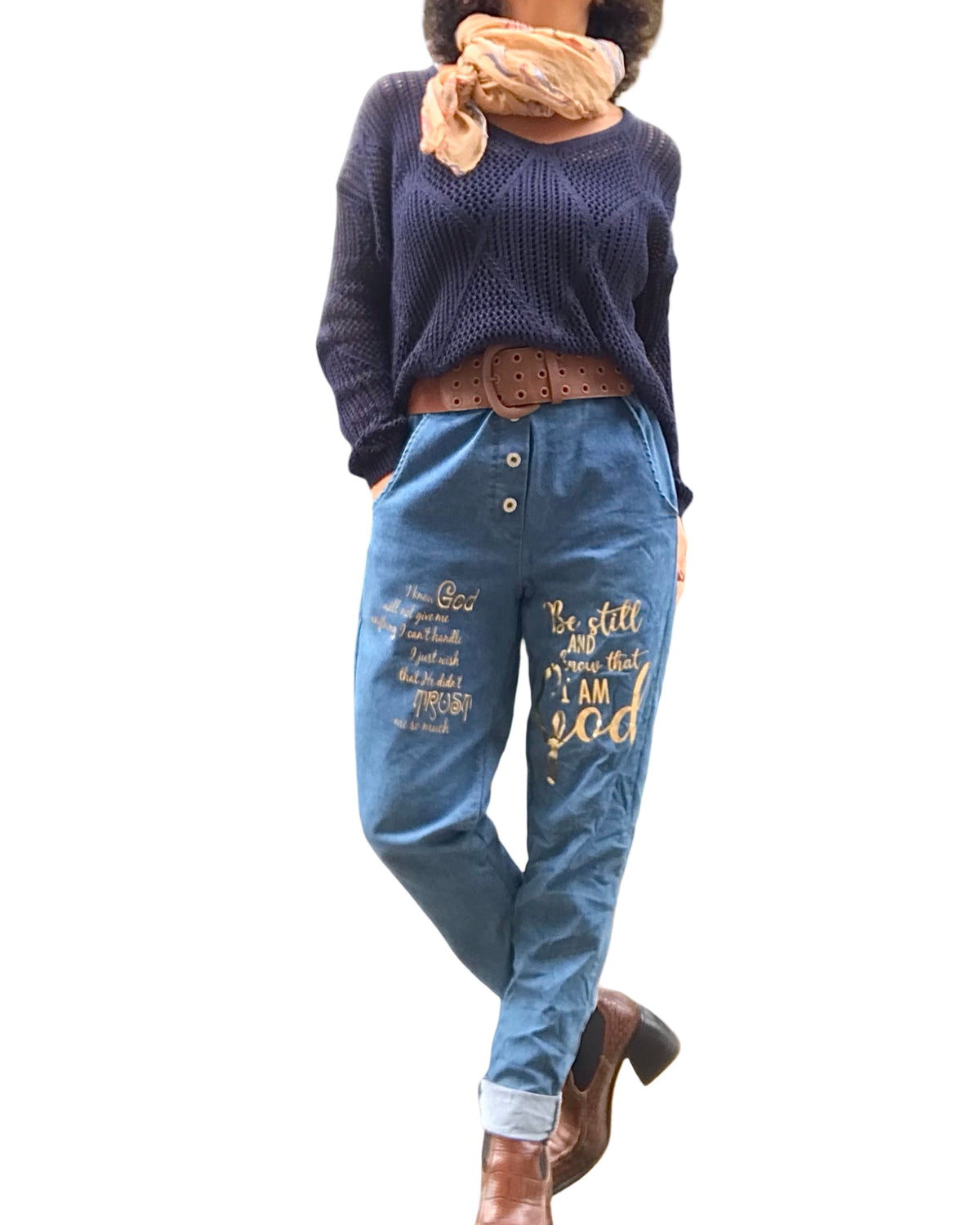 Chandail uni marine en crochet motif losange, manche longue