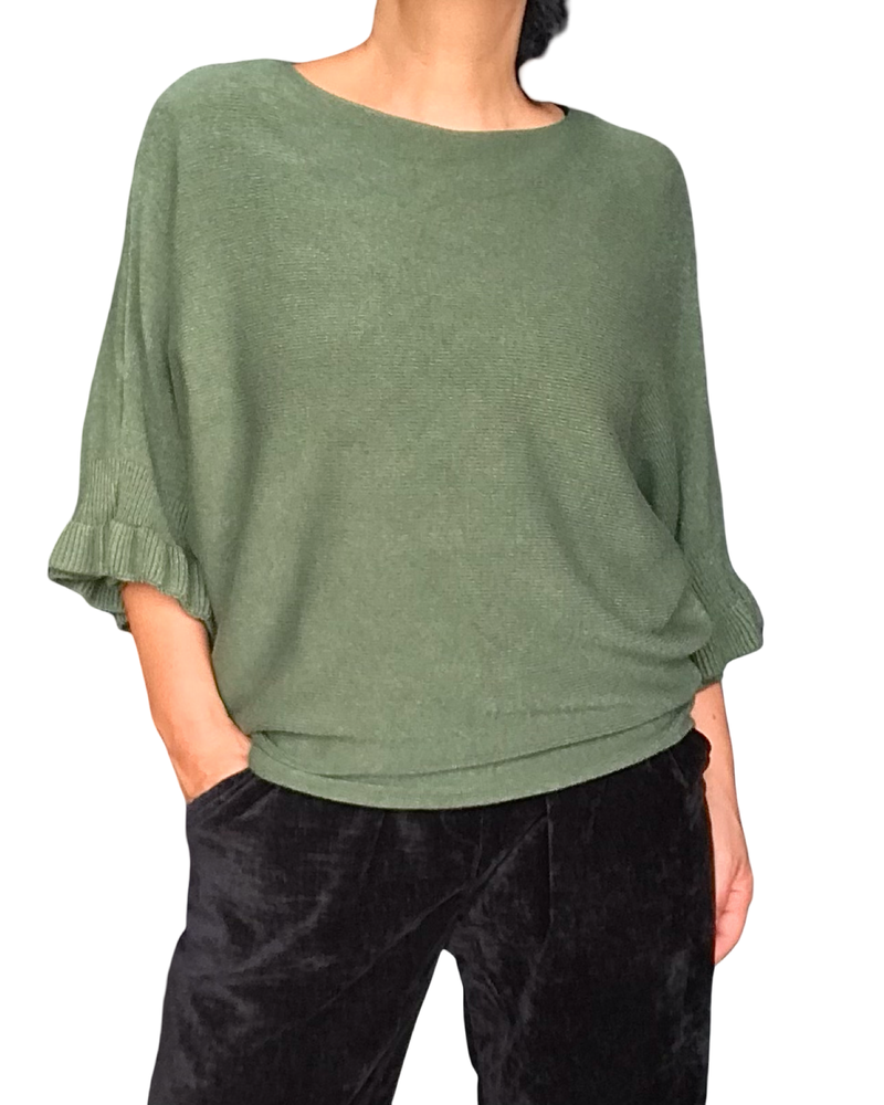 Chandail de tricot léger kaki manche 3/4 garni de frisons