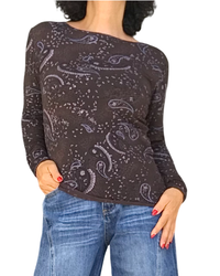 T-shirt manches longues brun à motif Paisley beige rosé et noir, col rond – vue de face