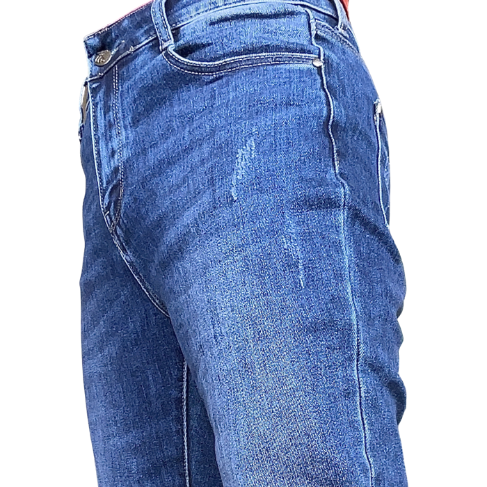 Jeans bleu moyen jambe droite 31 pouces de jambe avec égratignures de près