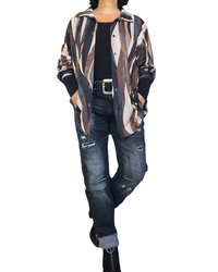 Chemise motif d’arty noir, beige, moka, brun et gris à manche longue